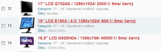 Filtrovat dle kategorie a štítku lze přímo ve výpisu zboží. Stačí kliknout na kategorii či štítek přímo u zboží.