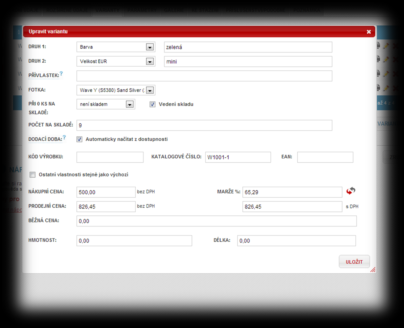 Pomocí tlačítka Přidat variantu spustíte dialogové okno s nastavením varianty zboží. Již vytvořenou variantu lze editovat ikonkou tužky. Druhy variant musíte nejprve vytvořit ve Variantách zboží.