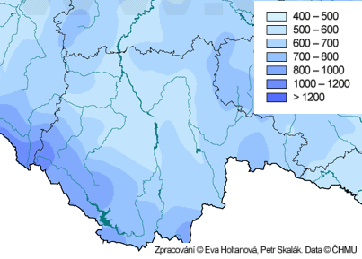 Obrázek č. 3: Průměrný roční úhrn srážek v Jihočeském kraji (1961 1990) Území Jihočeského kraje náleží do deseti klimatických oblastí2.