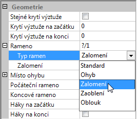 Průvodce pro vyztužování Lekce 4: Výkres výztuže 187 5 V oblasti parametrů palety zvolte Zalomení jako Typ ramene a klikněte na průsečík stěny šachty s horní podlahovou deskou.