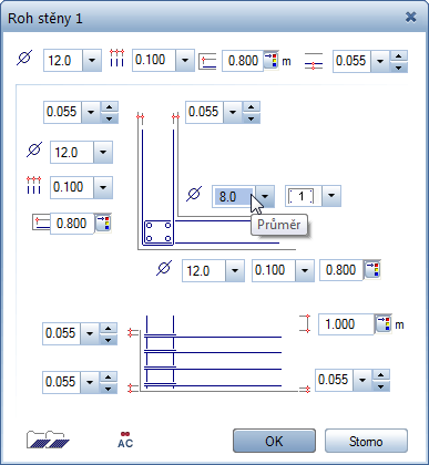 Průvodce pro vyztužování Lekce 4: Výkres výztuže 205 5 V první řádce dialogu Roh stěny nastavte globální hodnoty: 12 jako průměr, 0,10 jako vzdálenost prutů, 0,80 jako délku ramen a 0,055 jako krytí