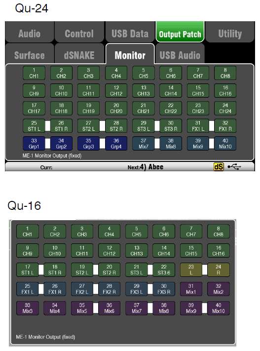 8.13 Output Patch / Monitor Okno zobrazuje dálkového propojení výstupů pultu pomocí digitálního multi-kabelu dsnake. K pultu Qu lze takto připojit systém pro osobní odposlechy ME-1.
