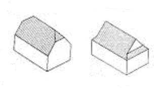 4.4 Střecha polovalbová Jedná se o spojení střechy valbové a střechy sedlové. U kratší strany obdélníka může být štít následovaný valbou nebo valba zakončená štítem.