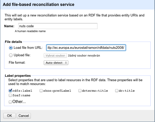 Návrh a tvorba aplikace 61 Obrázek 14 Přidávání zdroje Při vybrání funkce Reconcile na sloupec NUTS OpenRefine automaticky vyhledal dataset NUTS 2008 a nabídl propojení s vlastností ec:nutsregion.