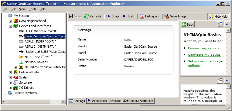 Obr. 3: Prostředí aplikace pylon Viewer Spolu s vývojovým a integračním prostředím LabView (National Instruments) lze ověřit korektní instalaci ovladačů prostřednictvím nástroje Measurement &