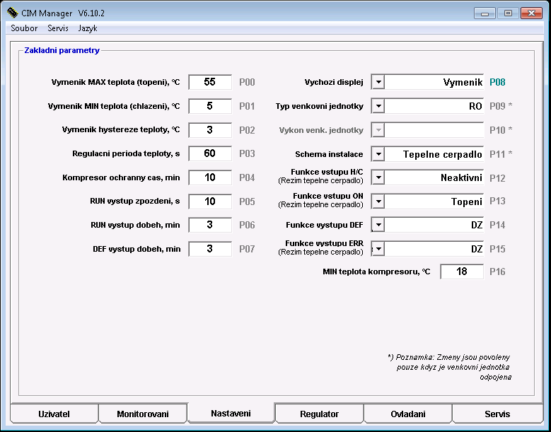CIM Manager Záložka - Nastavení slouží k nastavení základních parametrů - především v základním režimu CIM modulu, ale i v režimu tepelné čerpadlo Záložka je zobrazena až po zadání hesla, menu Servis