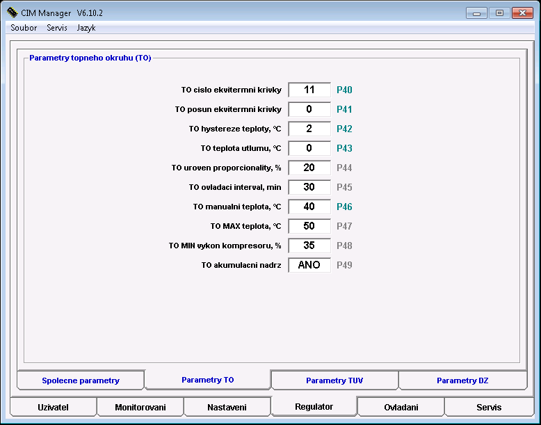 Parametry topného okruhu (TO): TO číslo ekvitermní křivky P40 nastavení křivky topení, viz.