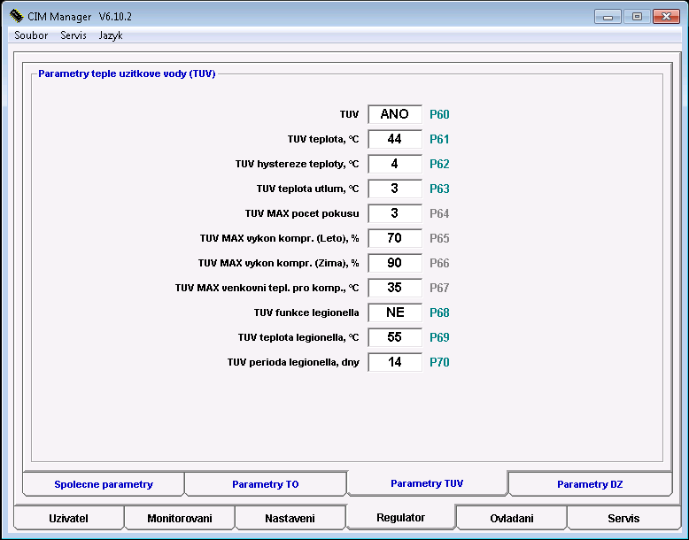 Parametry teplé užitkové vody (TUV): TUV P60 TUV zapnuto / vypnuto TUV teplota P61 nastavení žádané teploty TUV TUV hystereze teploty P62 hystereze parametru P61 TUV teplota útlum P63 nastavení