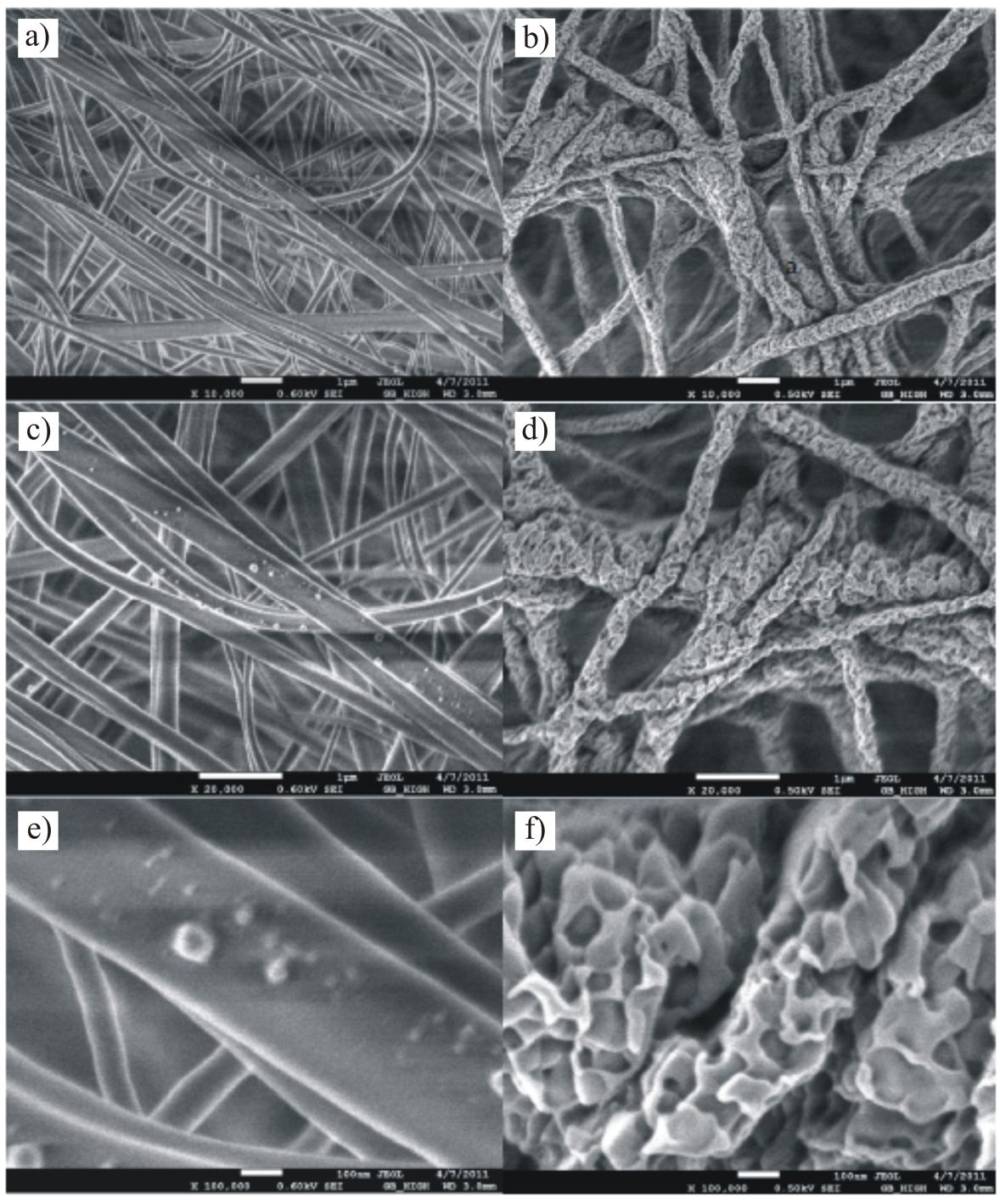 Výsledky zkoumání pomocí SEM Snímky SEM nanovláken, na levé straně jsou uvedené snímky nemodifikovaného vzorku a na pravé straně jsou snímky vzorku