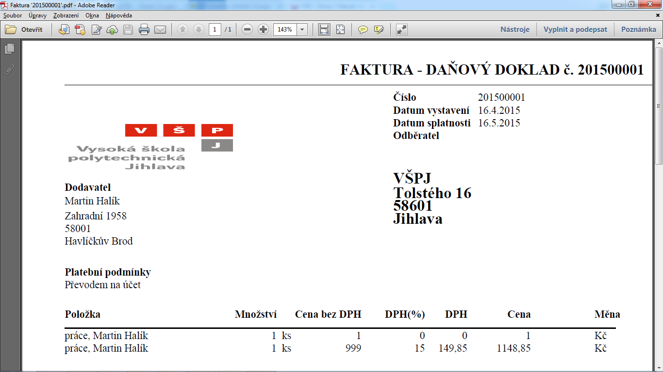 Obrázek 5: Výstup z programu v podobě PDF 3.3 Databáze Již samotný úkol jednoznačně definuje povinnost ukládat a uchovávat určité množství dat. Proto je zřejmé, že základem řešení bude databáze.