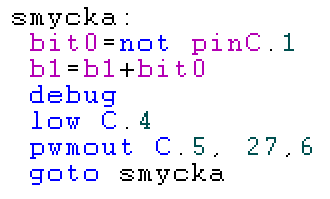 Program detekce překážky Zadání: Aktivuj levou LED a přečti stav na výstupu detektoru Zapojení hardware uvedeno výše (PICAXE 20M2: PinC.1, C.4, C.