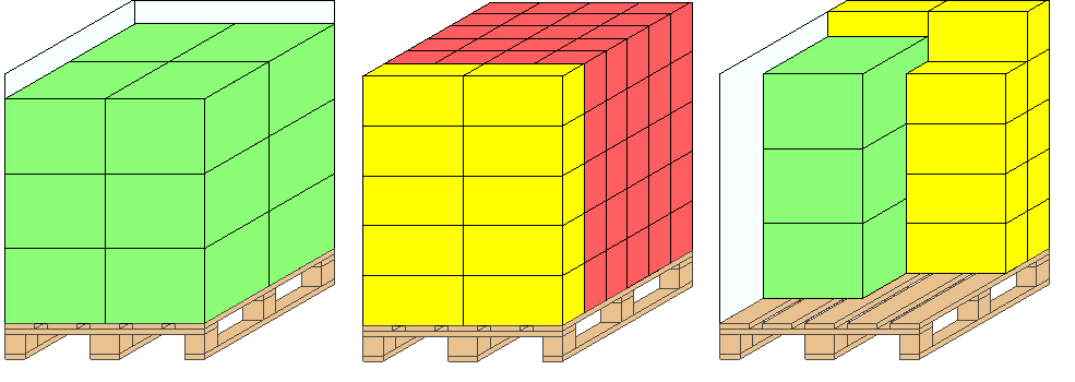 na 90 a 100 % svého maximálního objemu (znázorněn na obrázku bílou plochou) a třetí, na které je naloženo zbylých 17 krabic je pak vytížen na 45,8 % z celkového objemu.