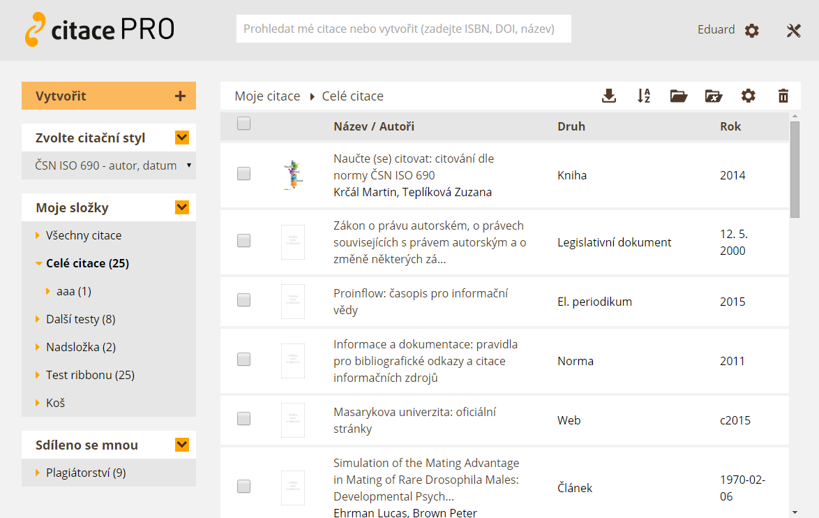 Popis rozhraní - přehled citací Tlačítko pro vytvoření citace Výběr citačního stylu Vlastní složky Složky sdílené od jiných uživatelů Koš Seznam citací v aktuální složce Řazení citací