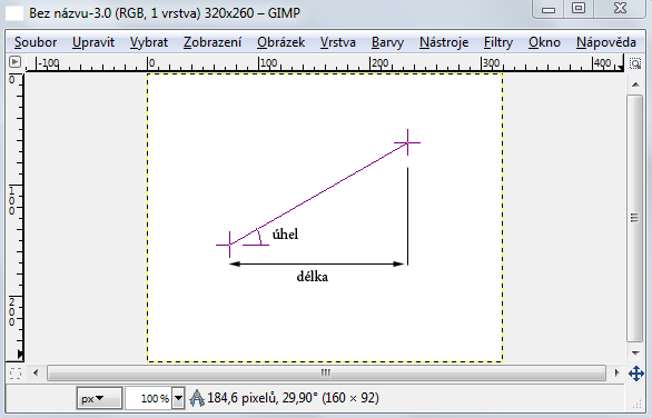 4.3.5 Měření vzdáleností a úhlů Pomocí nástroje měřidlo na panelu nástrojů lze změřit vzdálenost (v pixelech) mezi dvěma body a také úhel, který svírají jejich spojnice s osou (ve stupních).