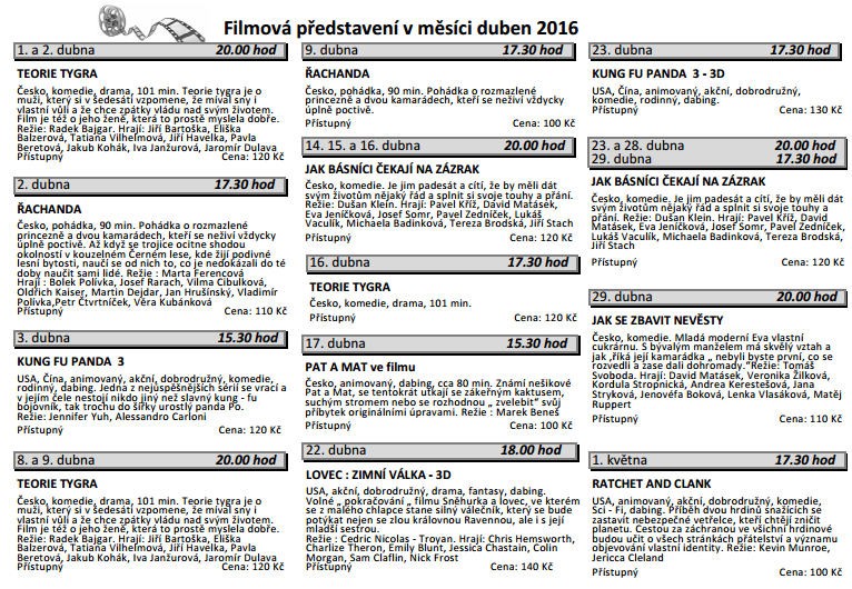 Kino Ostrov Havlíčkův Brod Bohoslužby v kostele sv. Mikuláše jsou každou neděli v 8.00 hod. Masáže V dubnu budou masáže ve dnech 14. 4. a 21. 4. 2016 (od 15.00 do 19.00 hod).