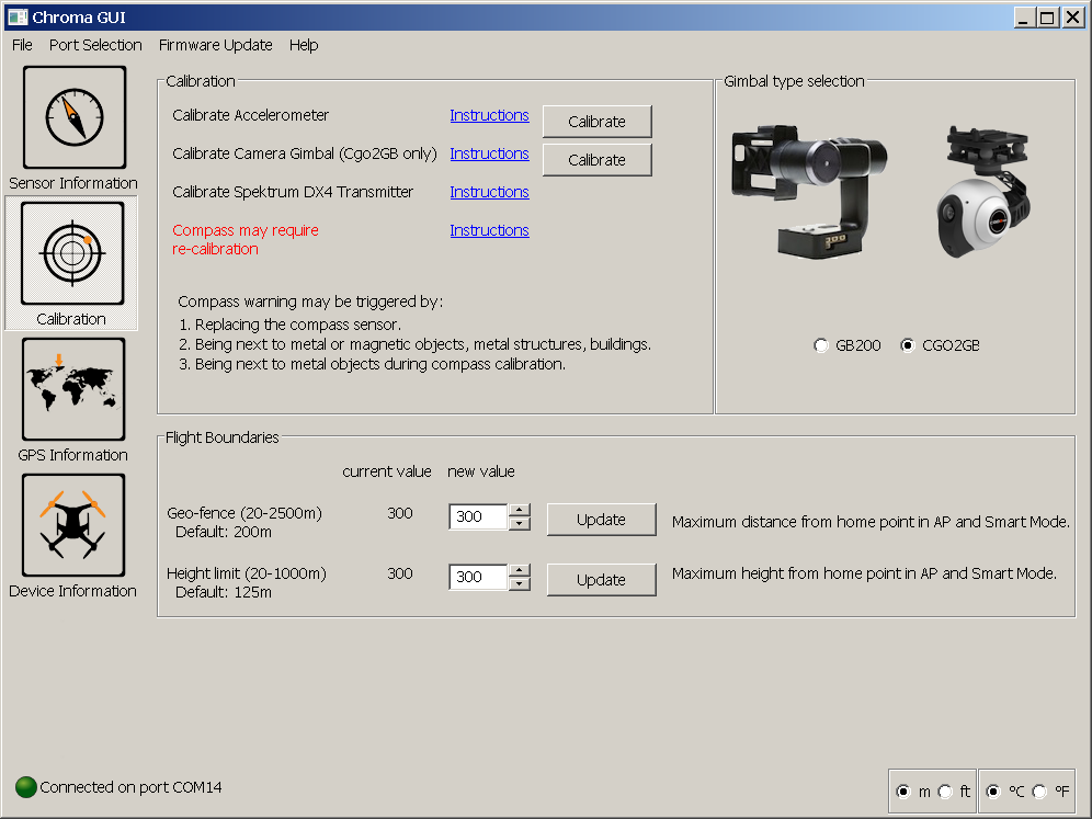Popis aplikace Chroma GUI Aplikace se skládá ze 4 záložek: 1. Sensor information zobrazení informací ze senzorů 2. Calibration kalibrace senzorů a přiřazení motorů, nastavení max.