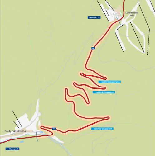 Napojení Šumperska a Jesenicka I/44 Červenohorské sedlo jih délka: 7962 m kategorie: S 9,5/60 plocha vozovek: 82 701 m 2 počet stavebních objektů: 26 počet celkem: 1 z toho na silnici I/44: 1 celková