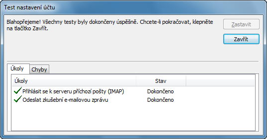 Takto by mělo vypadat konečné nastavení pro protokol POP3: Funkčnost připojení si lze ověřit kliknutím na tlačítko Test nastavení účtu 14.