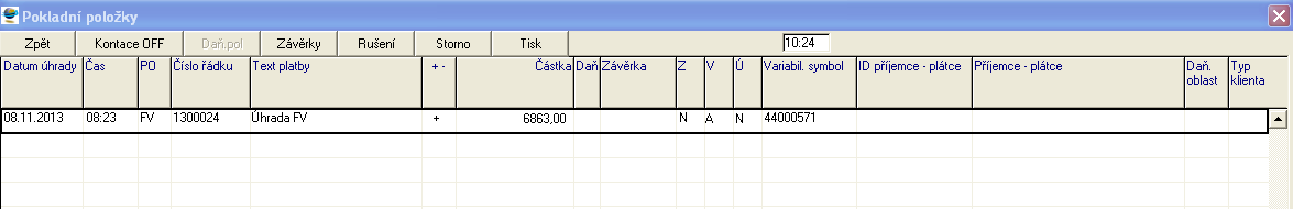 Aktuální pokladní kniha je dána nastavením v parametrech projektu ( kód pokladní knihy). Každá pokladní položka se skládá ze tří základních částí.