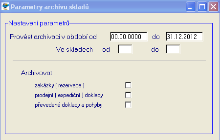 Funkce pro tvorbu archivu dat vytvoří archivní soubory dle zadaných parametrů ( k datu pořízení zakázek nebo uskutečněných skladových pohybů, pro zadané sklady ).
