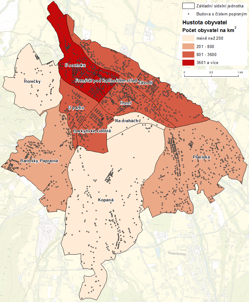 Rozmístění domů a hustota obyvatel ve městě Frenštát pod Radhoštěm viz Obrázek 4.3. Největší koncentrace obyvatel (více neţ 3 600 ob.