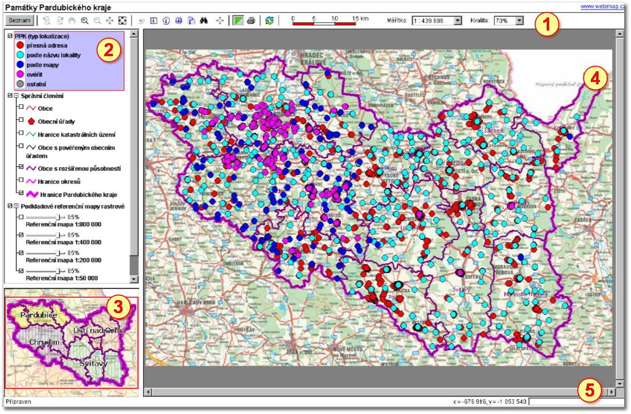 Webmap - mapový server 1.1 Internetový prohlížeč map Program slouží ke snadnému prohlížení a vyhledávání v mapách s připojenými popisnými údaji.