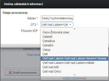 Pokud byl u provozovny v předchozích letech evidován jiný kód ÚTJ, než se zobrazí v mapě, je nutné provést jeho opravu.