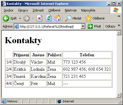 <body> <h1>kontakty</h1> <table border=1> <tr> <th></th> <th>příjmení</th> <th>jméno</th> <th>pohlaví</th> <th>telefon</th> </tr> <tr> <td>1/4</td> <td>dlouhý</td> <td>václav</td> <td>muž</td>