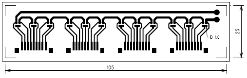 Obrázek 35: Schéma testovacího substrátu (DPS), rozměry definované v mm. Tabulka 8: Přehled technických parametrů testovací struktury.