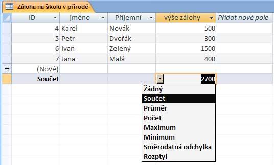 5.9 Souhrny v tabulkách Každá tabulka obsahující číselná data, u kterých můžete vytvářet jakékoliv početní operace, nyní obsahuje funkci Souhrny.