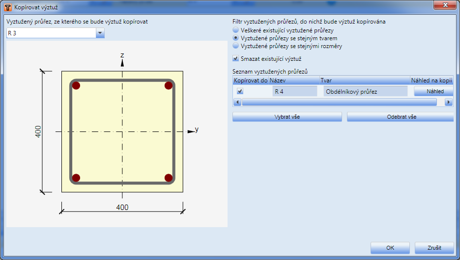 Uživatelská příručka 28 Vyztužený průřez, ze kterého se bude výztuž kopírovat v seznamu se vybírá vyztužený průřez, jehož vyztužení se bude kopírovat do cílových vyztužených průřezů Filtr vyztužených