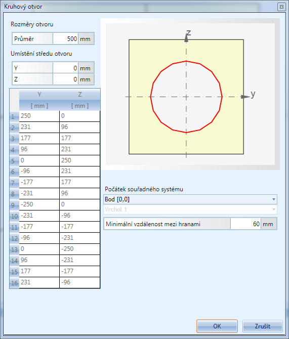 Uživatelská příručka 38 6.4.4 Nový otvor kruhového tvaru Zadání nového otvoru kruhového tvaru se spustí příkazem Nový kruhový na kartě Otvory.