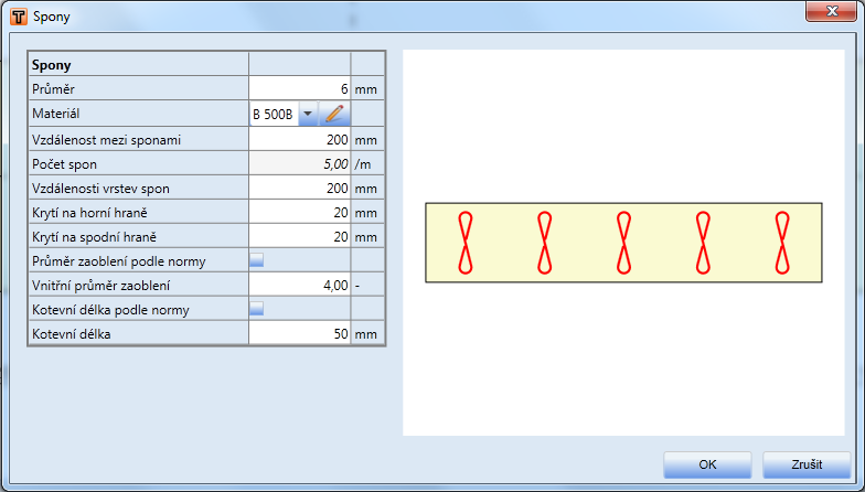Uživatelská příručka 51 7.1.4.8 Zadání nových spon Zadání nových spon se spustí klepnutím na Nová na kartě Spony. Jednotlivé volby dialogu Spony: Průměr zadání průměru vložky spony.
