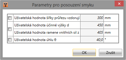 Uživatelská příručka 53 7.1.4.10 Zadání parametrů pro výpočet smyku Automaticky spočtené hodnoty rozměrů účinného průřezu pro smyk lze v případě potřeby nahradit uživatelem definovanými hodnotami.