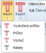 Uživatelská příručka 76 7.4 Mazání výztuže K mazání výztuže slouží příkazy na kartě Smazat: Výběr smaže vybranou vrstvu nebo vložku výztuže. Vše smaže veškerou výztuž. 7.5 Import vyztuženého průřezu Je-li IDEA RCS spuštěn z nadřazené aplikace, nemusí být některé položky importu dostupné.