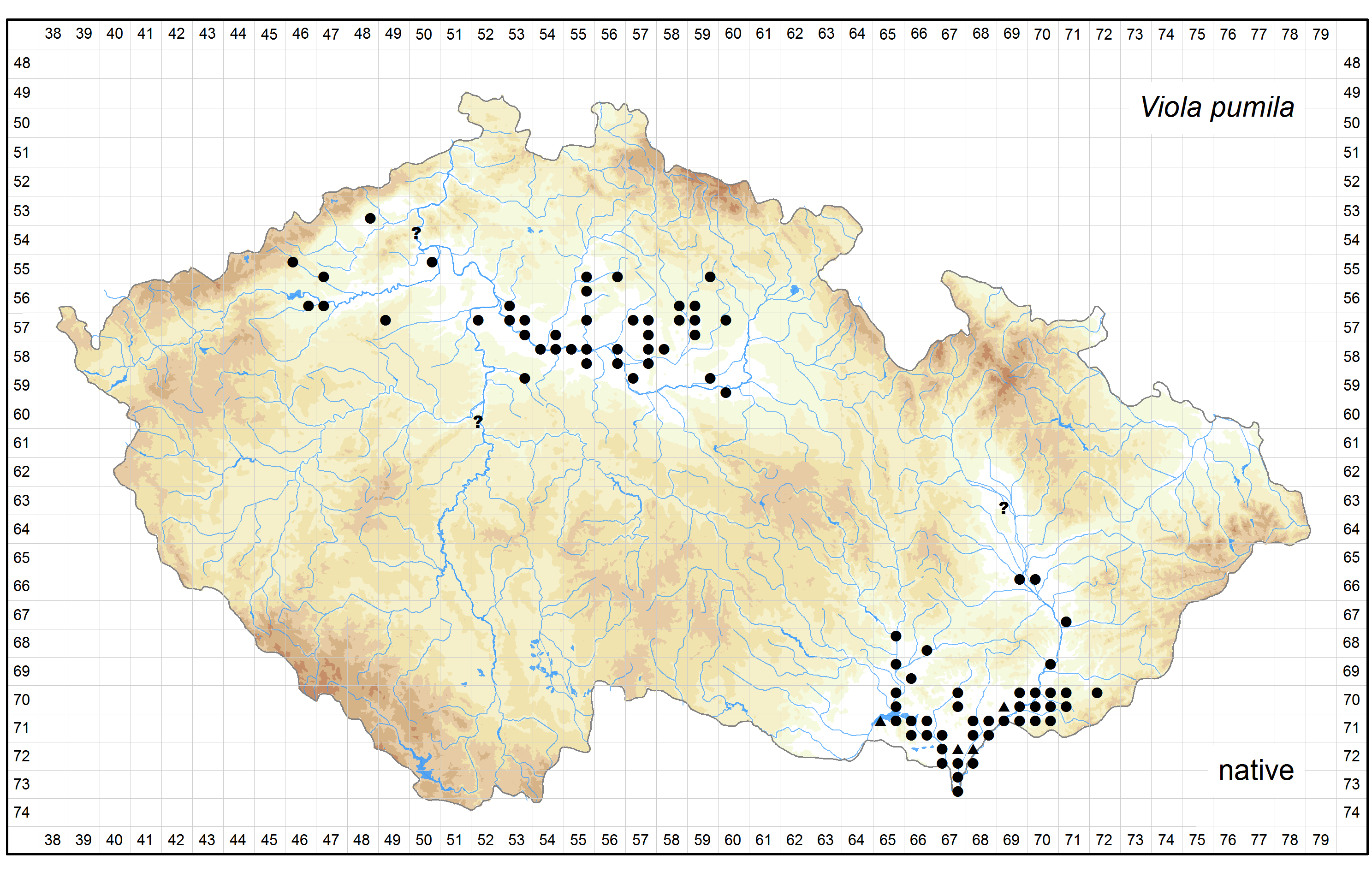 Distribution of Viola pumila in the Czech Republic Author of the map: Jiří Danihelka Map produced on: 18-11-2015 Database records used for producing the distribution map of Viola pumila published in