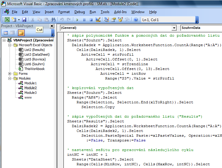 Obr. 12: Ukázka části programového Kódu, který byl použit pro zpracování kmenových profilů.