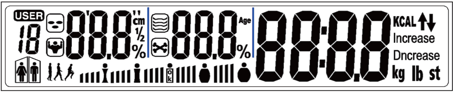 SYMBOL Kg(lb/st) VÝZNAM Tělesná váha Muž Žena cm age Výška postavy Věk Nesportovní typ Průměrný sportovní typ Sportovní typ KCAL Increase Decrease Symbol tělesného tuku Symbol obsahu vody v těle