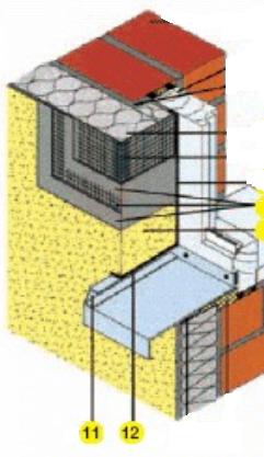 PARAPETY 1) Zateplené ostění 1. Zdivo 2. Lepící tmel 3. Talířová hmoždinka (nezapuštěná) doporučujeme zapustit 4. Tepelná izolace 5. Armovací tkanina + Stěrkový tmel 6. Tenkovrstvá fasádní omítka 7.