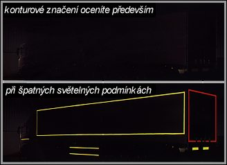 Obrázek 17 - Viditelnost soupravy bez a se značením reflexními materiály 11 V praxi se nejvíce používají pásky v červené, žluté a bílé reflexní barvě v