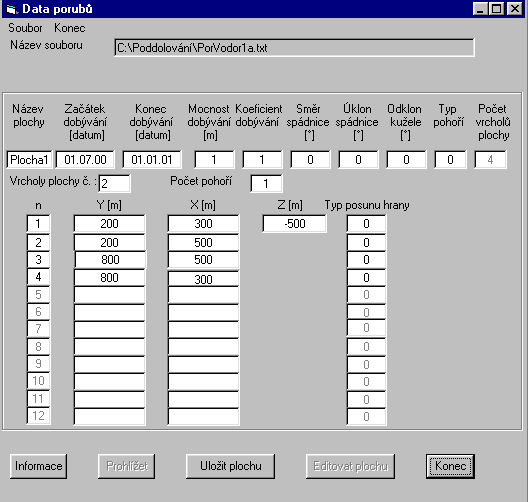 15 3.1.2 Oprava dříve vytvořeného souboru 1. V menu Soubor zvolíme Otevřít. Otevře se dialogové okno se seznamem souborů na adrese C:\ Poddolování\ s příponou *.