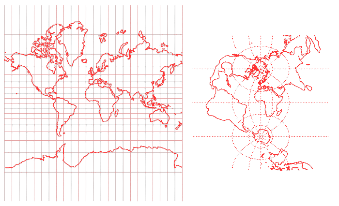 PŘÍLOHA C Mercator projekce Tato projekce je válcové konformní zobrazení, jež zachovává lokální úhlové vztahy území. Zvětšuje však rozlohu území blíž pólům.