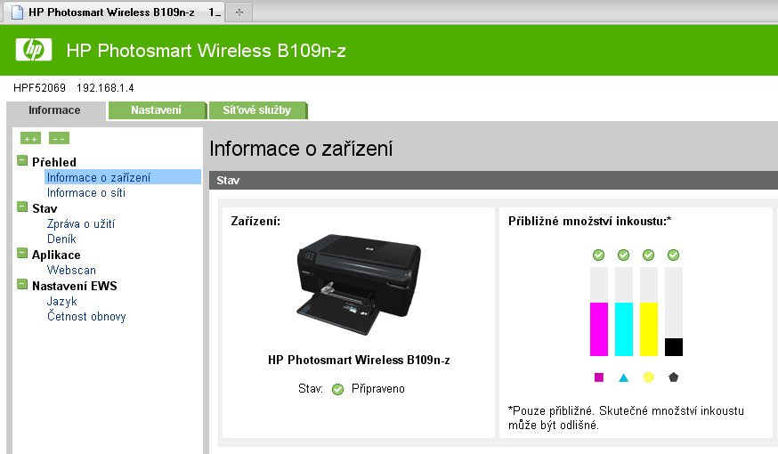 Je zde i většina nastavení týkající se připojení k síti. Tiskárna má IP adresu 192.168.1.4 a při zadání této adresy do okna prohlížeče, se uživatel dostane na toto webové rozhraní. Obr. 23.