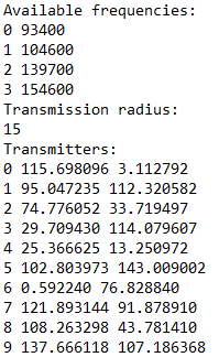 4.3 Vstupní data Soubor se vstupními daty (obrázek 9) by měl obsahovat informace o dostupných vysílacích frekvencích pro vysílače, dosah vysílače a souřadnice vysílačů.