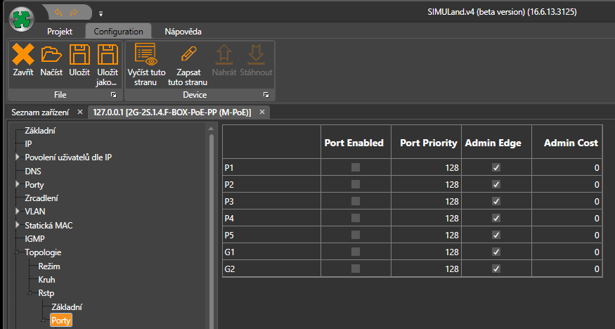 13.1.2 V případě potřeby nastavte v menu Topologie/Rstp/Základní a Porty podrobné parametry pro RSTP protokol. 13.