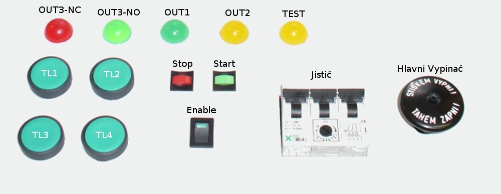 Ovládací panel je opatřen čtyřmi kulatými tlačítky zelené barvy. Zeleným tlačítkem Start, červeným Stop a spínačem Enable. Dále se na panelu nachází 5 LED diod, jistič a hlavní vypínač. Obr.