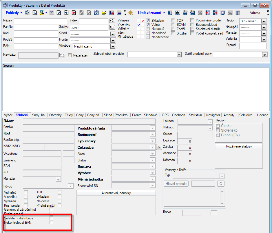 Produkty Při zapnuté kontrole na EAN je možno u jednotlivých produktů nekontrolovat.