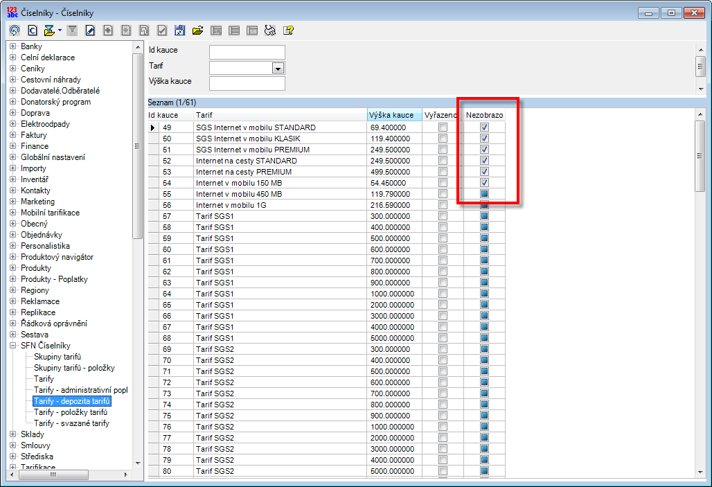 SFN Číselníky Tarify Depozita tarifů Nový