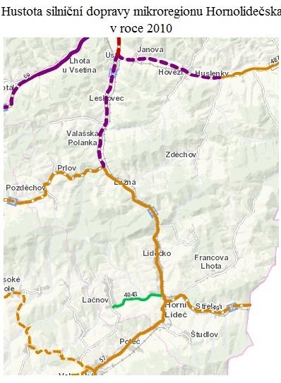 Obrázek 5 Hustota silniční dopravy, zdroj: ŘSD Železniční doprava Mikroregionem Hornolidečska prochází železniční trať č. 280.