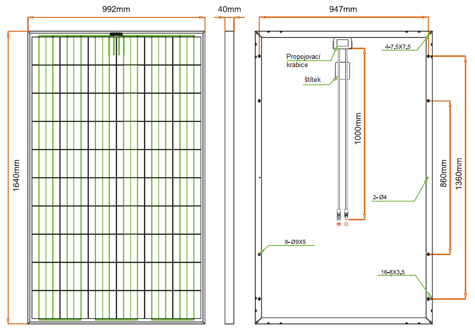 3.6 Parametry fotovoltaického panelu ReneSola POLY 250Wp Specifikace: Články 156* 156mm Počet článků 60(6*10) Typické napětí systému 24V DC Maximální napětí 1000V DC Rozměry 1640(L) x 992(W) x 40(H)